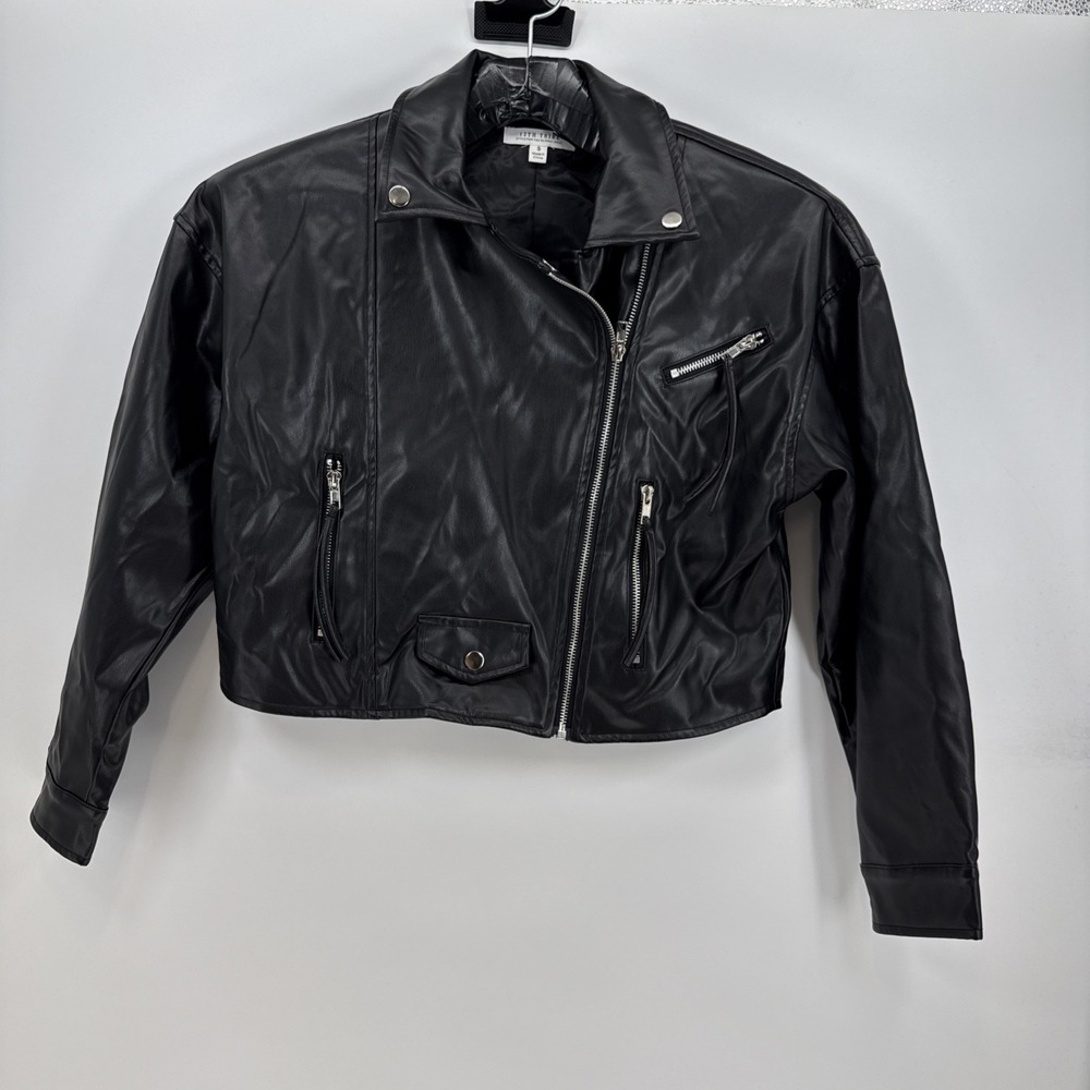 12th Tribe Til Death Black Faux Leather Moto Jacket Womens Small Cropped